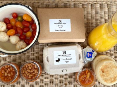 High Season Farm Luxury Self Catering Cottages offer fresh breakfast meal baskets with eggs, bacon, fresh produce and juice